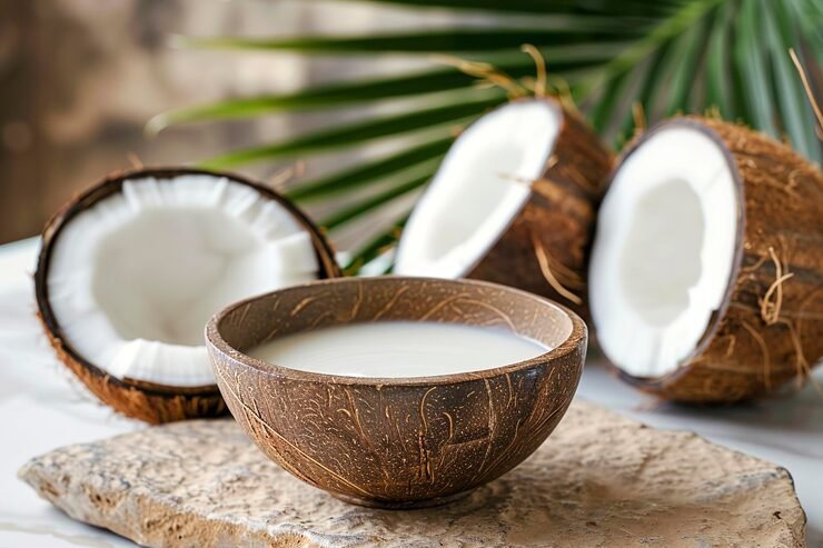 Coconut milk in a bowl with fresh coconut and spices