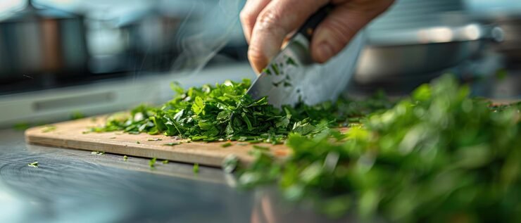 Fresh herbs on a wooden board with a knife