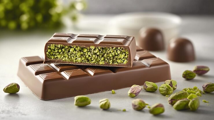 Assorted pistachio desserts including Dubai chocolate with pistachio filling