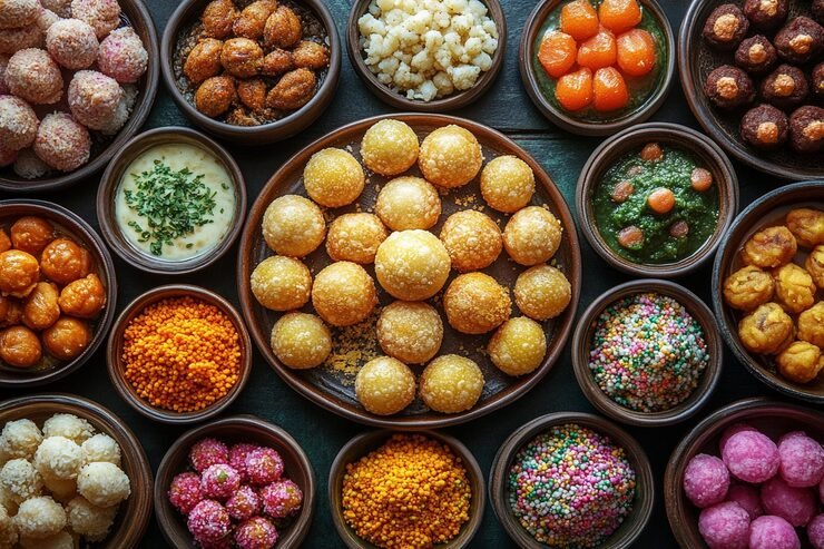 Traditional Bengali sweets including rosogolla, sandesh, and mishti doi