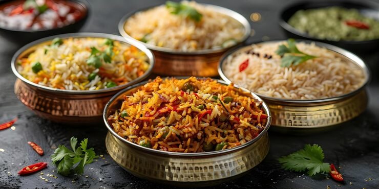 Assorted traditional Indian rice dishes on a platter